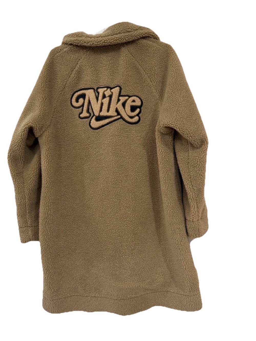Nike Women’s Camel Teddy Sherpa Coat Mid‑Length Fuzzy Fleece Jacket Large